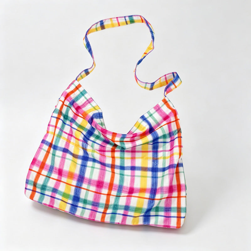 Rainbow Plaid Open‑Top Shoulder Bag