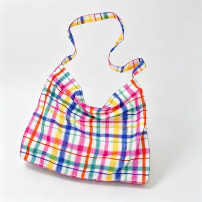 Rainbow Plaid Open‑Top Shoulder Bag