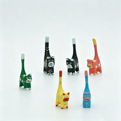 Painted Wooden Cat Figurine Set