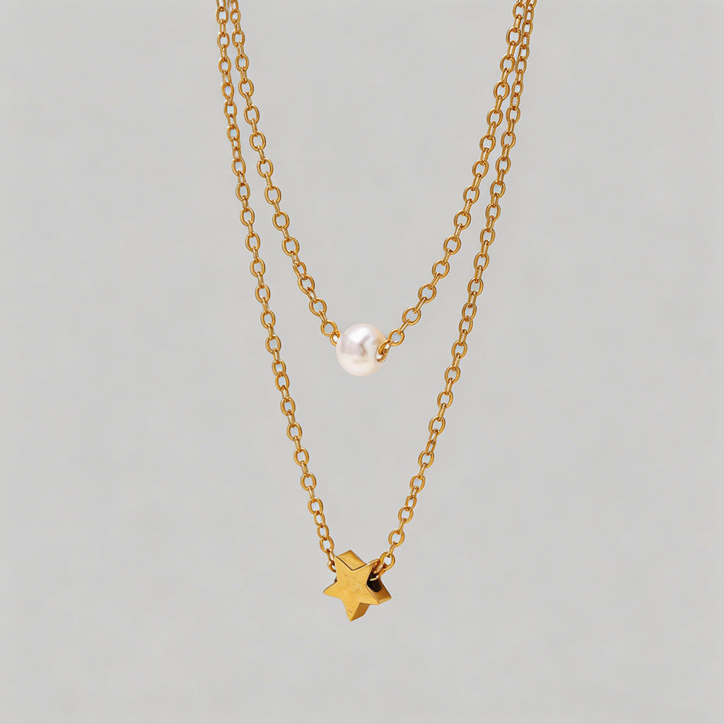 Double Layer Star & Pearl Pend - Shopdayla Wholesale - #2370