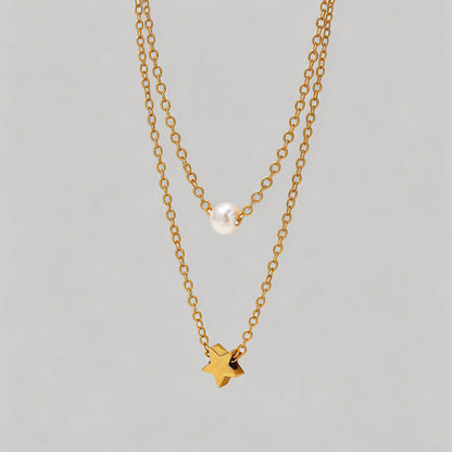 Double Layer Star & Pearl Pend - Shopdayla Wholesale - #2370