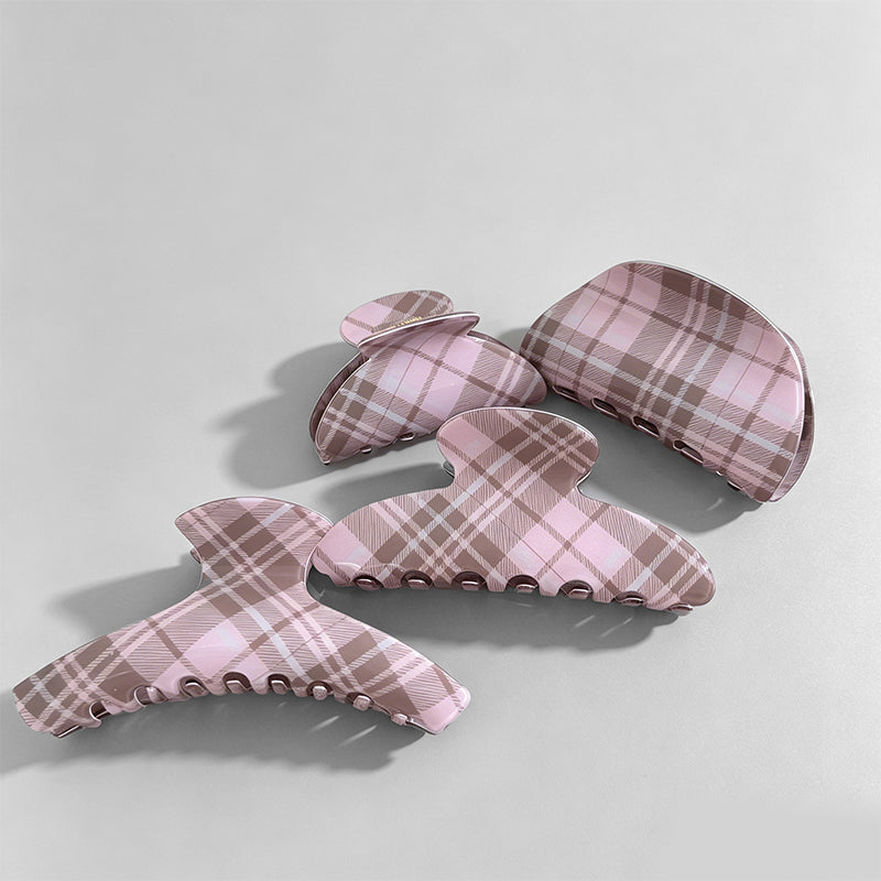 Gentle Pink-Brown Plaid Pattern Hair Claw
