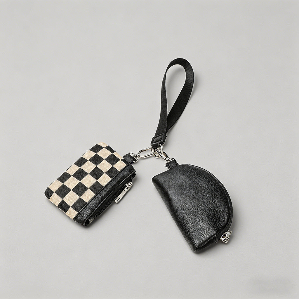 Checkered & Leather Wristlet Bag Set