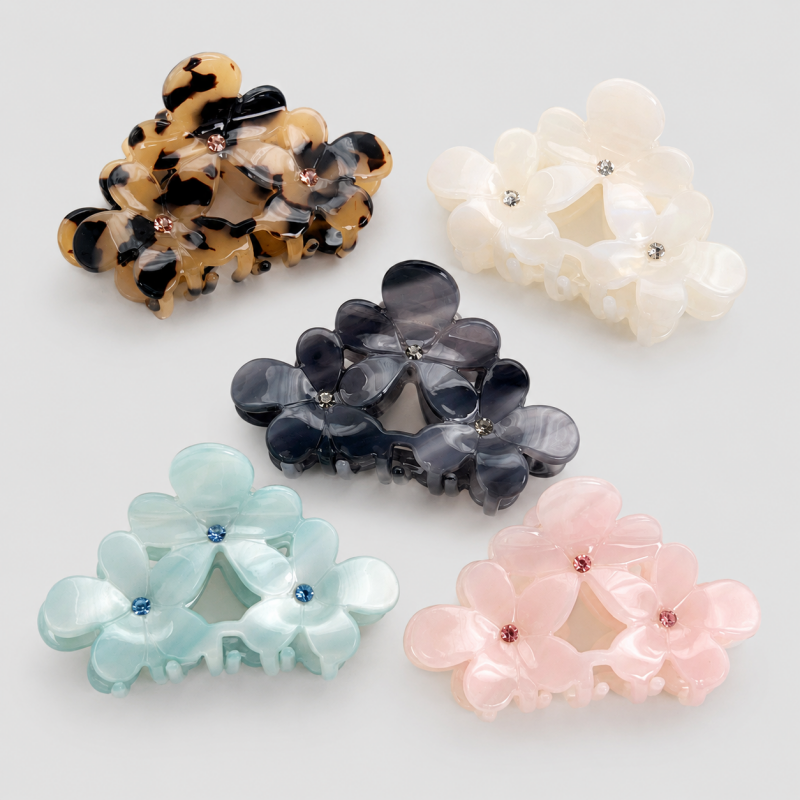 Three Flower Rhinestone Shark Hair Claw Clip