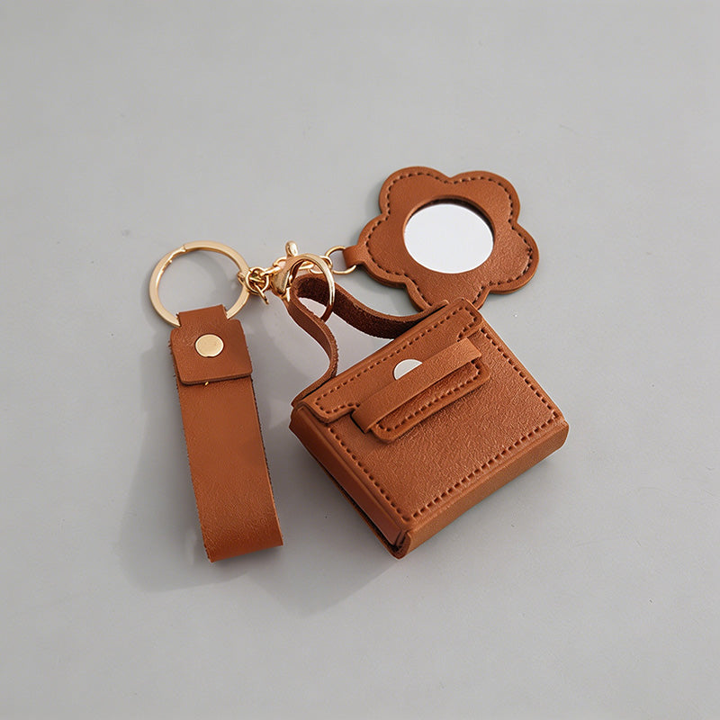 Mini Faux PU Pouch Keychain With Mirror