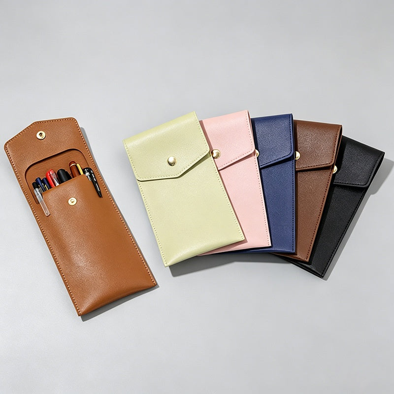 Snap Button Large Capacity PU Leather Pencil Pouch