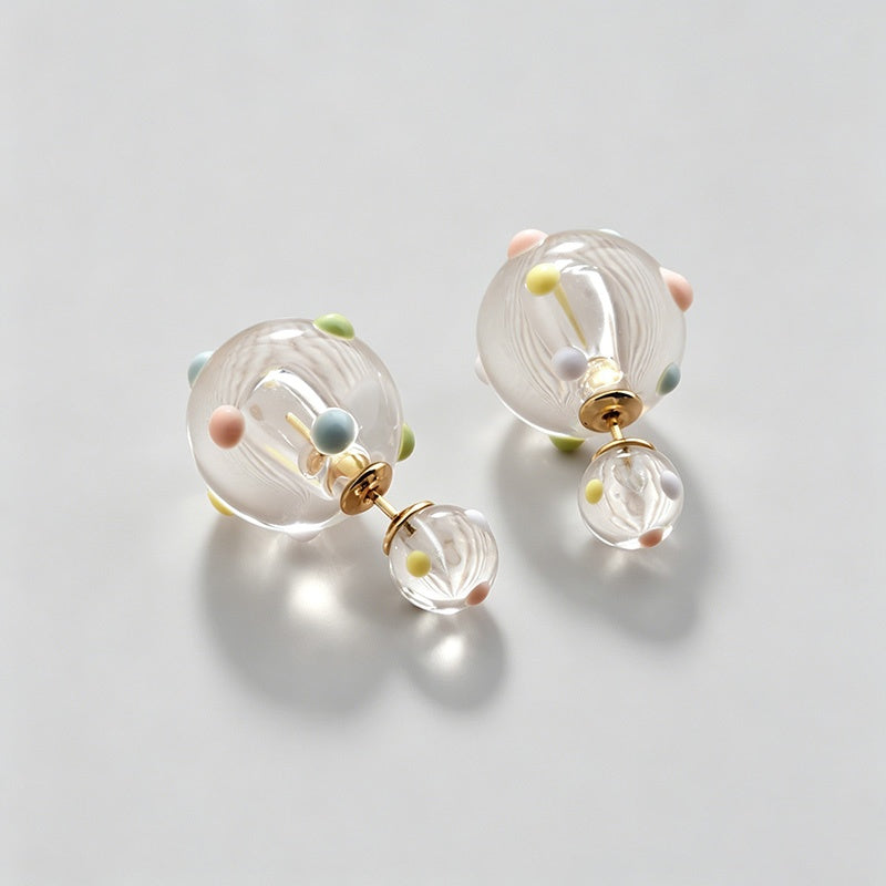 Double Transparent Ball Pastel Dot Back Front Earrings