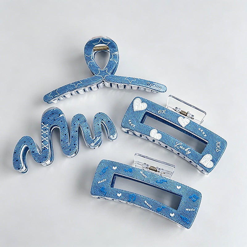 Blue Heart Print Hair Claw Clips