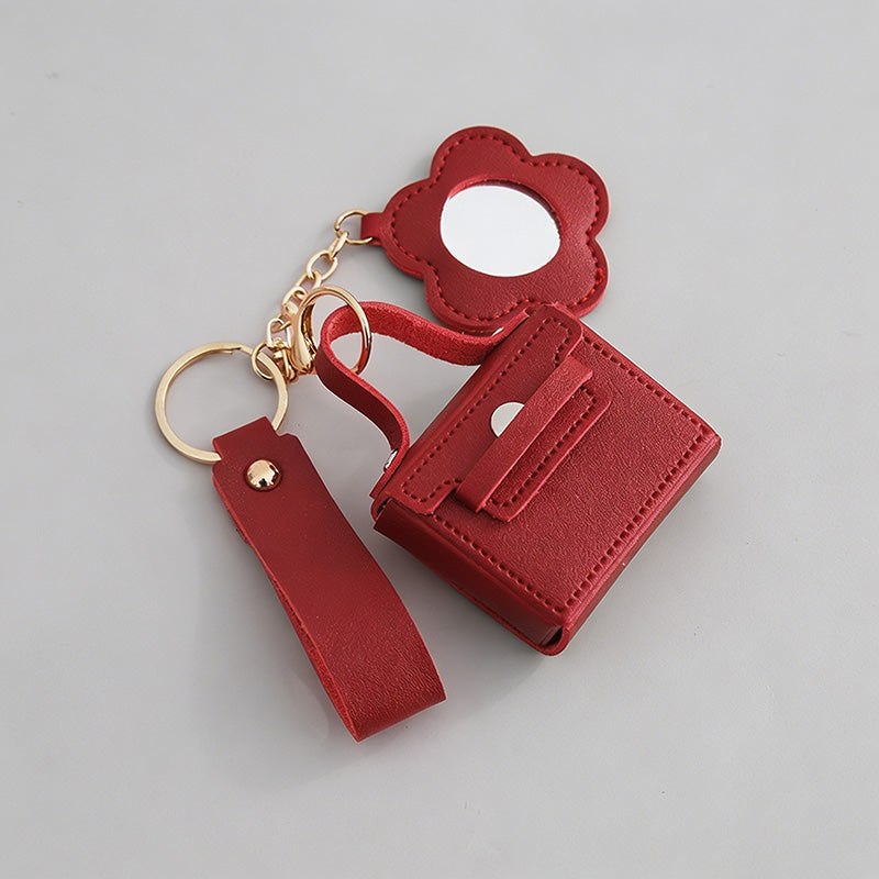 Mini Faux PU Pouch Keychain With Mirror