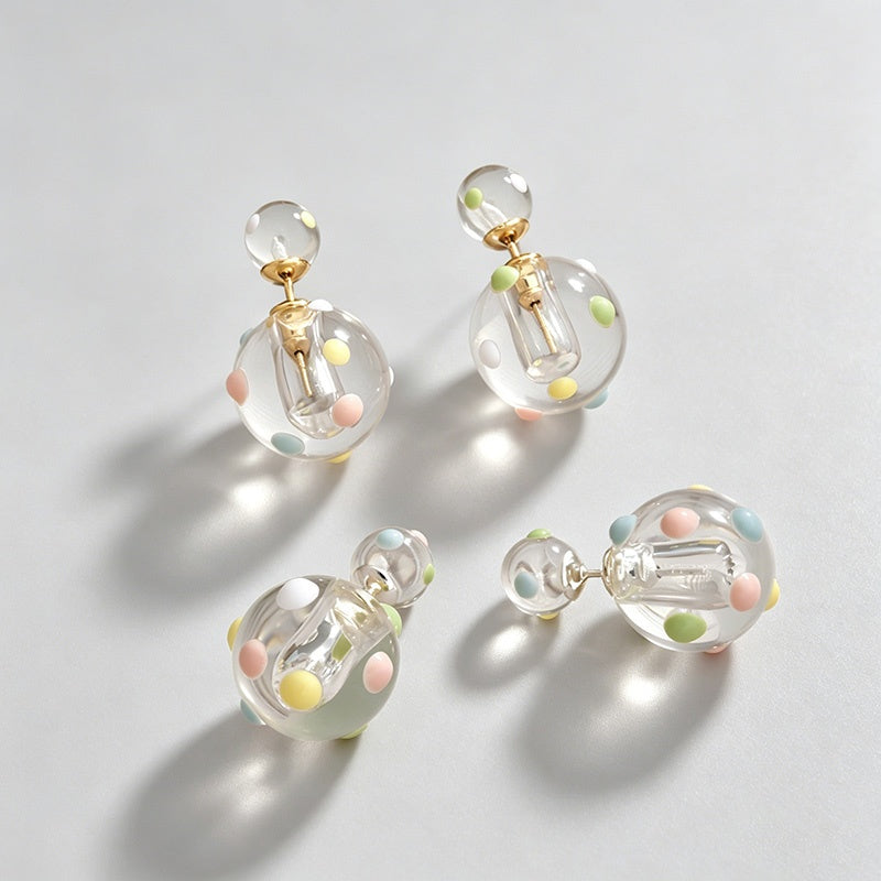 Double Transparent Ball Pastel Dot Back Front Earrings