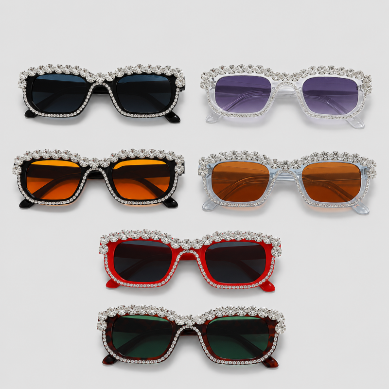 Small Rectangle Full Rhinestone Border Retro Bling Sunglasses