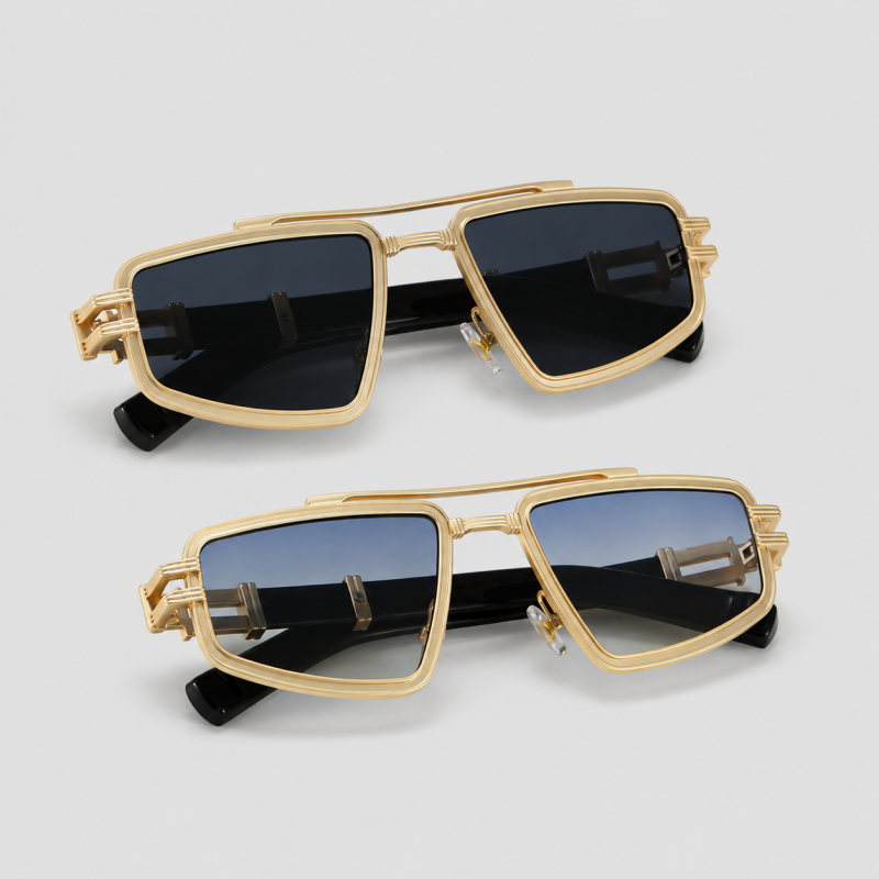Double Bridge Hollow Metal Rectangle Punk Retro Sunglasses