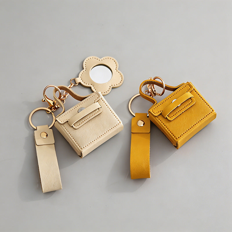 Mini Faux PU Pouch Keychain With Mirror