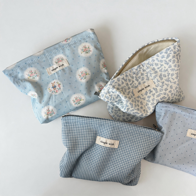 Ocean Blue Floral Printed Cotton Makeup Bag