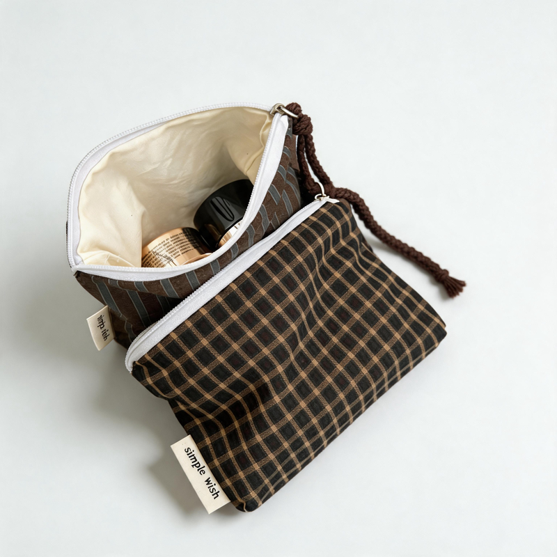 Vintage Dark Plaid & Stripe Cotton Mini Zipper Bag
