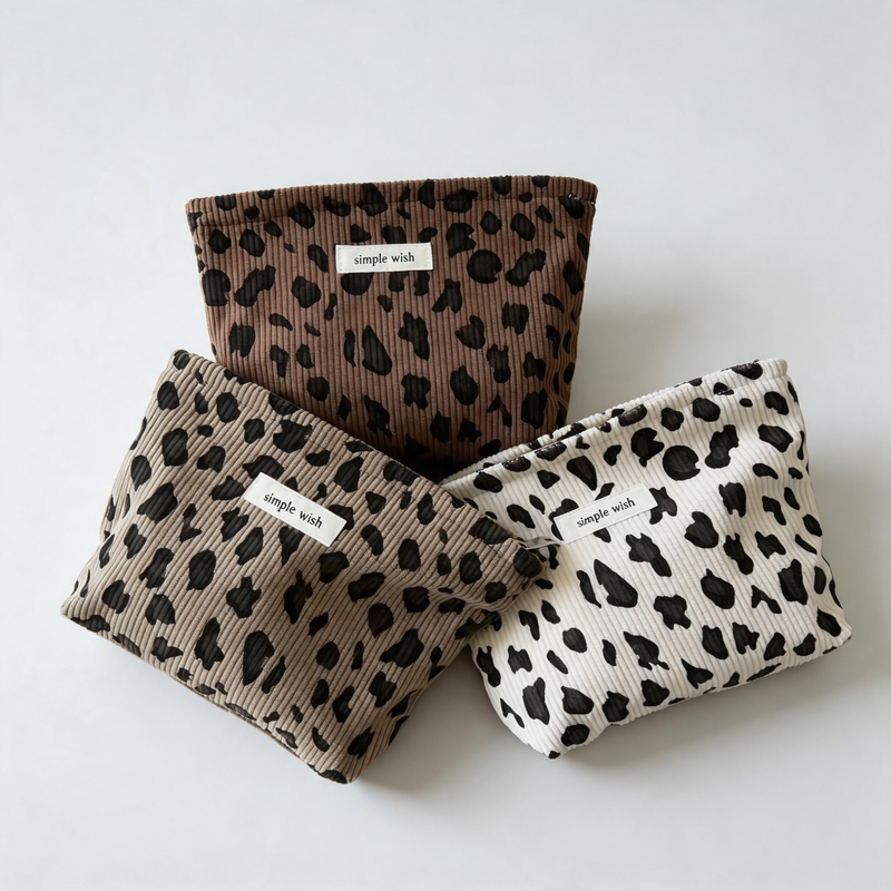 Vintage Leopard Print Corduroy Zipper Makeup Pouch