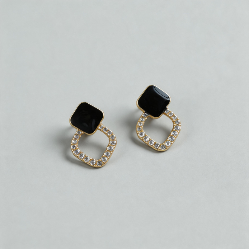 Geometric Shell Stone Double Diamond Block Earrings