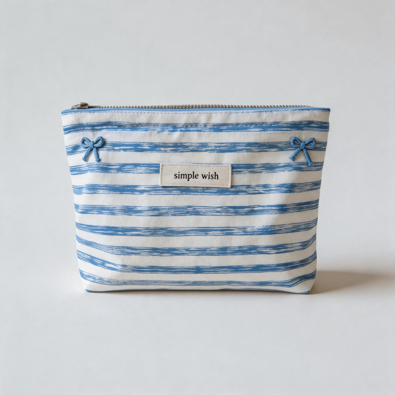 Lovely Bow Embroidery Striped Plaid Cotton Makeup Pouch