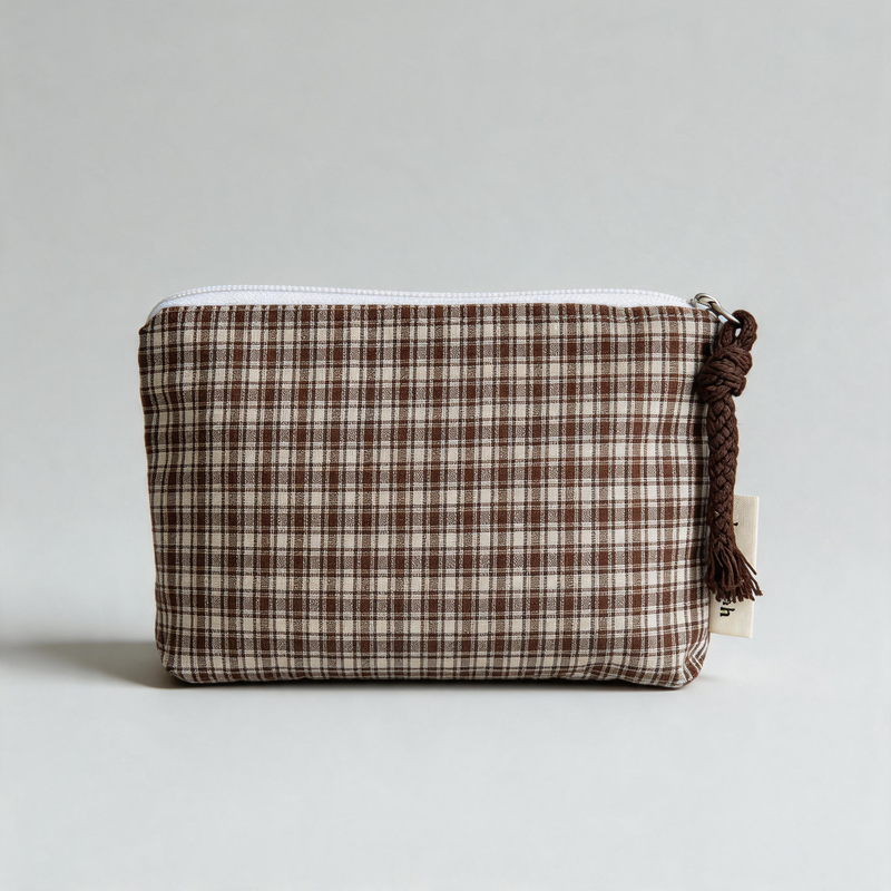 Vintage Dark Plaid & Stripe Cotton Mini Zipper Bag