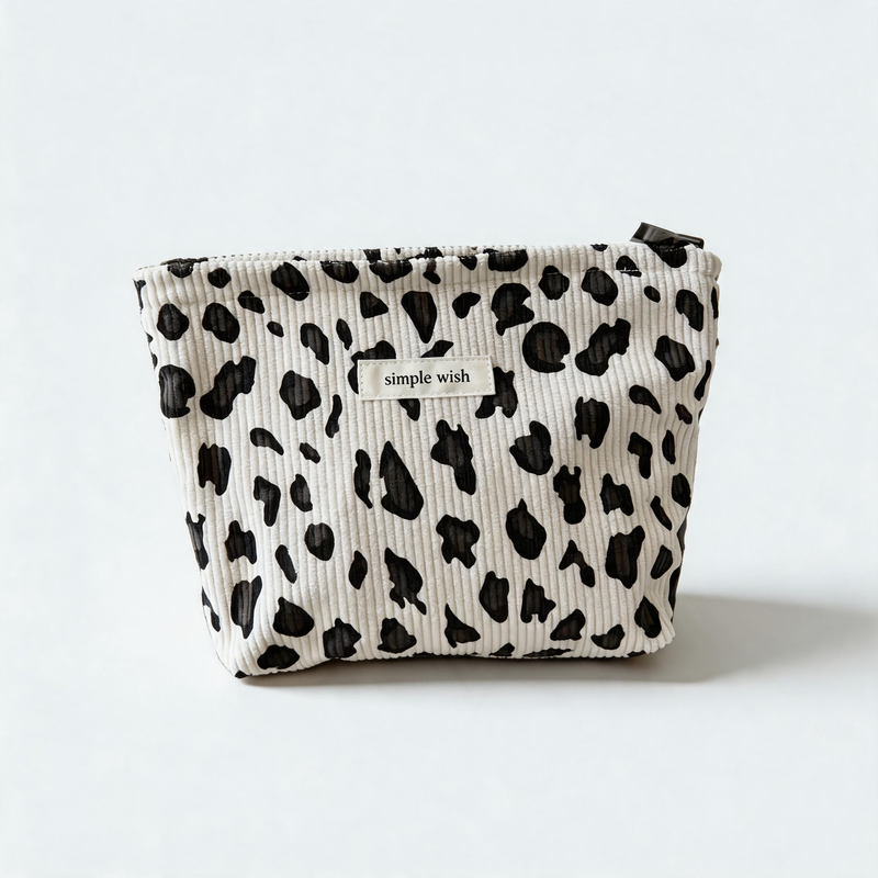 Vintage Leopard Print Corduroy Zipper Makeup Pouch