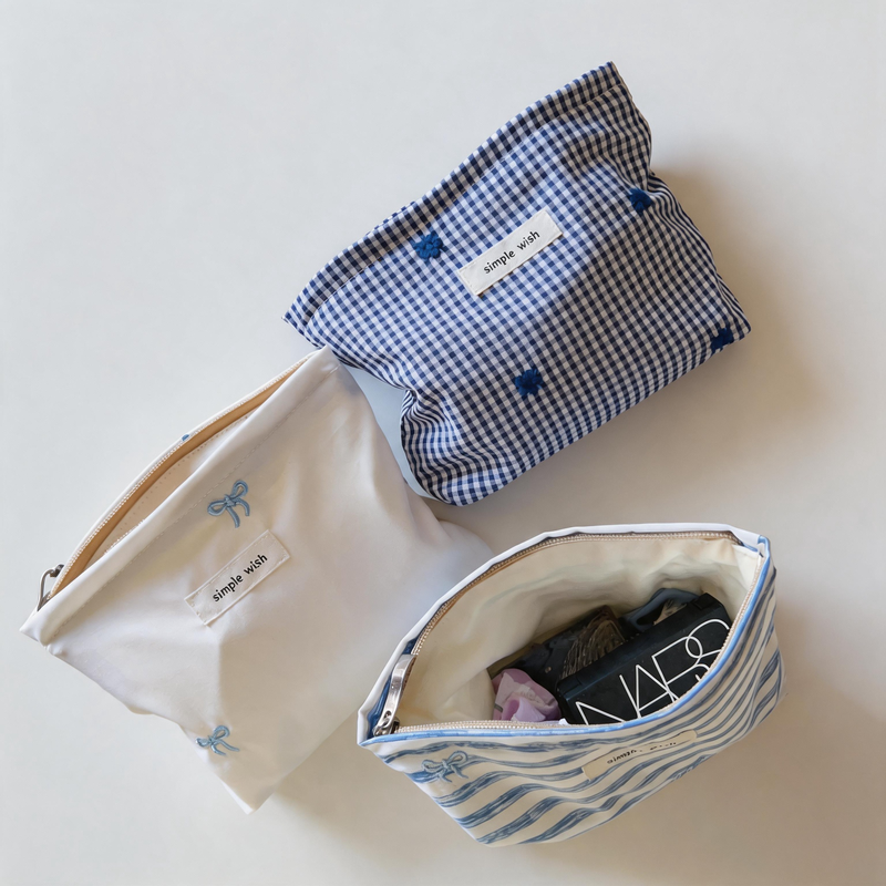 Lovely Bow Embroidery Striped Plaid Cotton Makeup Pouch