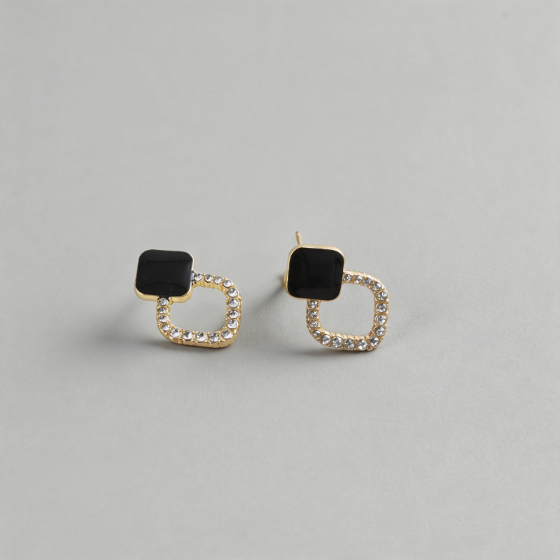 Geometric Shell Stone Double Diamond Block Earrings