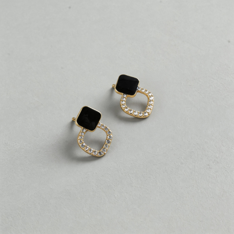 Geometric Shell Stone Double Diamond Block Earrings