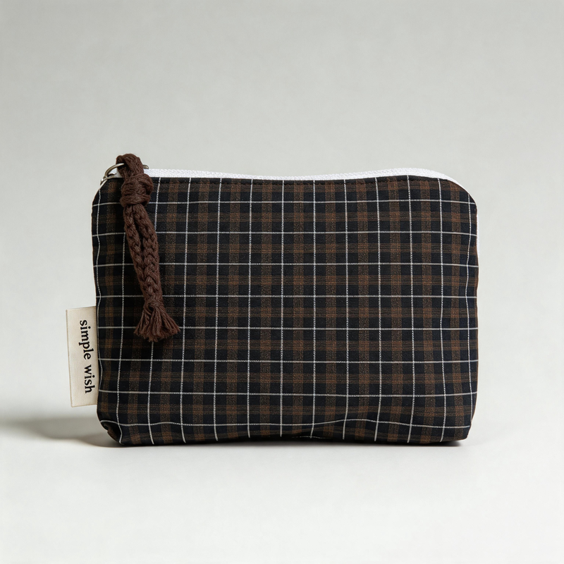 Vintage Dark Plaid & Stripe Cotton Mini Zipper Bag