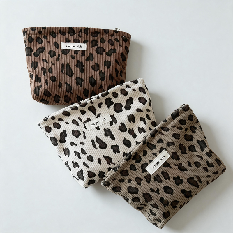 Vintage Leopard Print Corduroy Zipper Makeup Pouch
