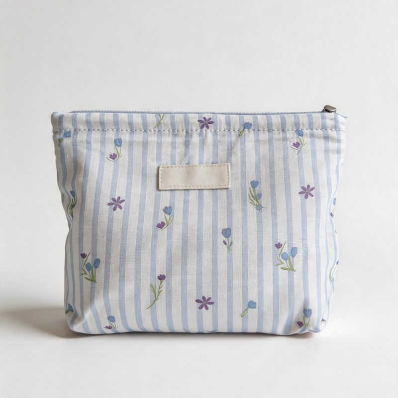 Ocean Blue Floral Printed Cotton Makeup Bag