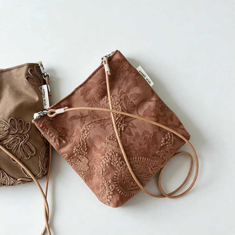 Vintage Floral Embossed Faux Suede Mini Crossbody Bag