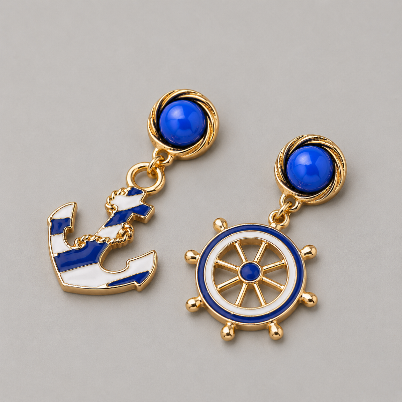 Textured Stone Geometric Ship Anchor Shape Earrings