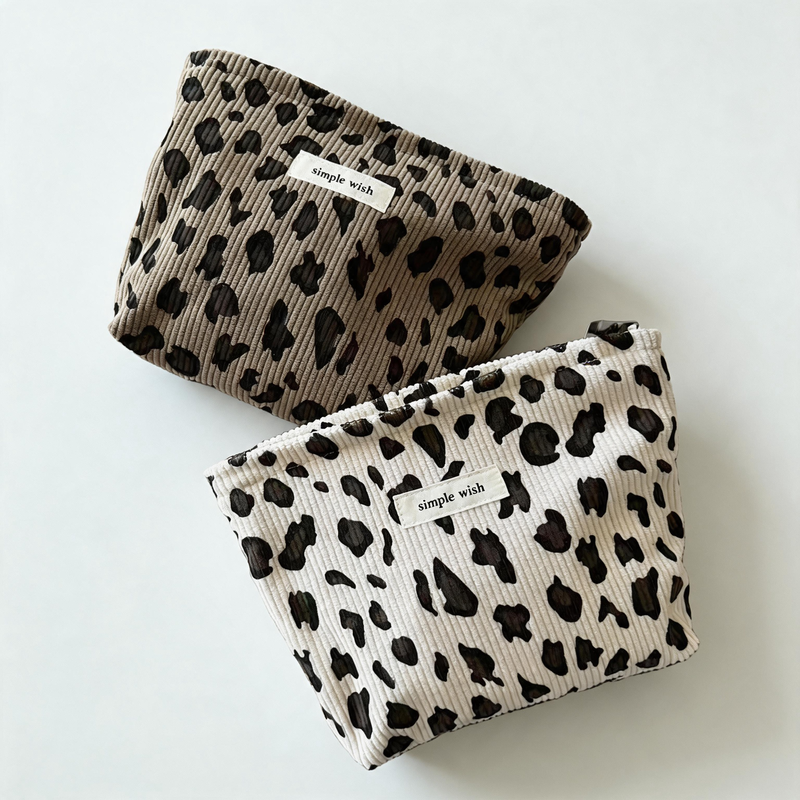 Vintage Leopard Print Corduroy Zipper Makeup Pouch