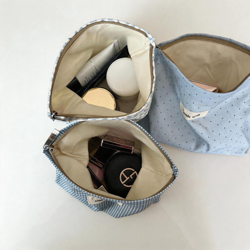 Ocean Blue Floral Printed Cotton Makeup Bag