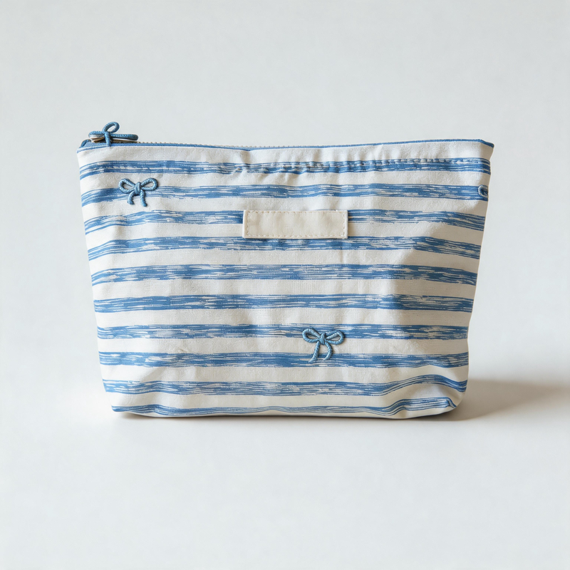 Lovely Bow Embroidery Striped Plaid Cotton Makeup Pouch