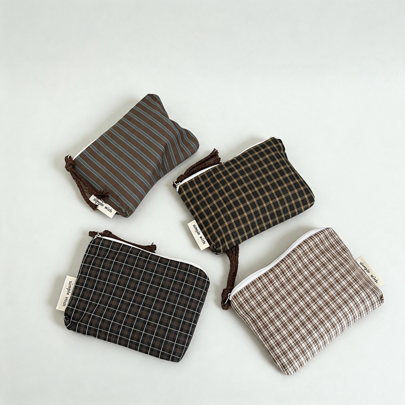 Vintage Dark Plaid & Stripe Cotton Mini Zipper Bag