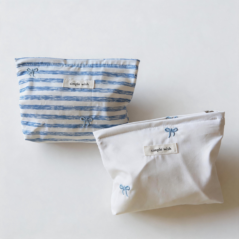 Lovely Bow Embroidery Striped Plaid Cotton Makeup Pouch