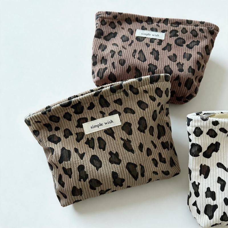 Vintage Leopard Print Corduroy Zipper Makeup Pouch
