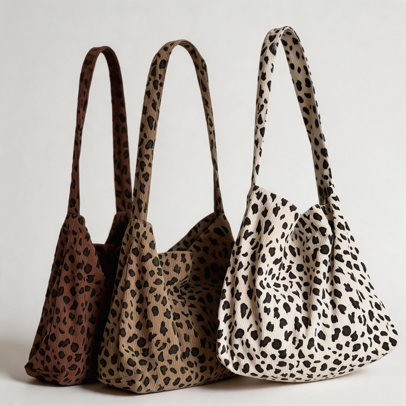Vintage Leopard Print Corduroy Shoulder Tote Bag