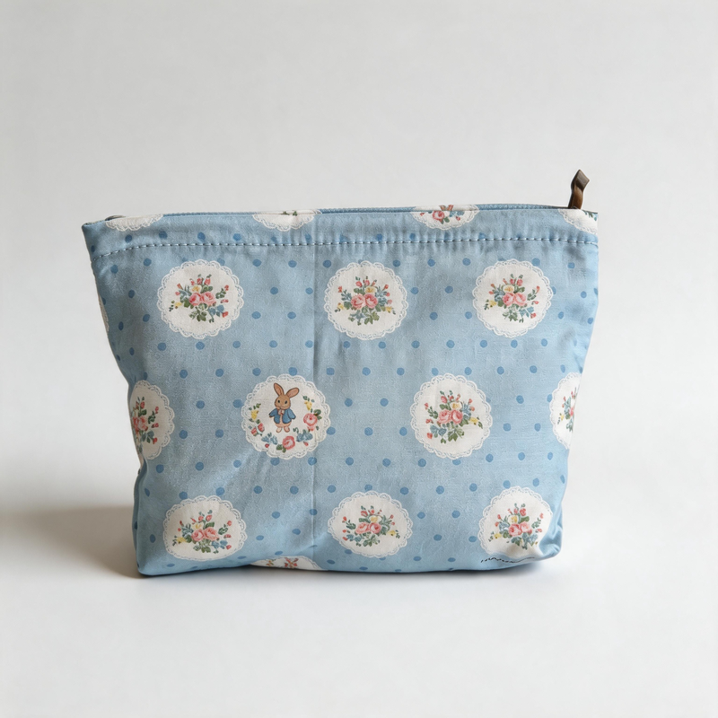 Ocean Blue Floral Printed Cotton Makeup Bag