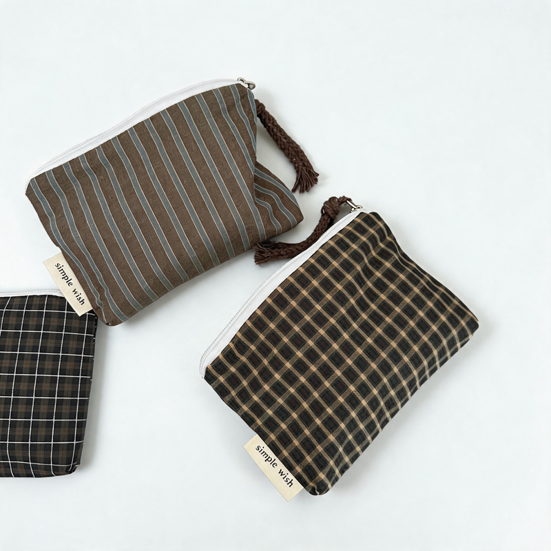 Vintage Dark Plaid & Stripe Cotton Mini Zipper Bag