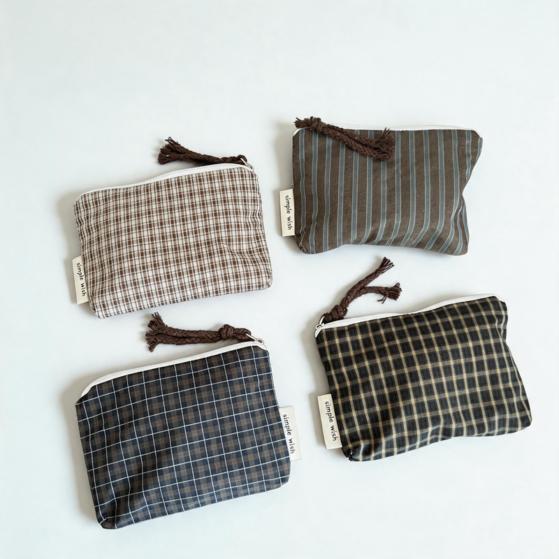 Vintage Dark Plaid & Stripe Cotton Mini Zipper Bag