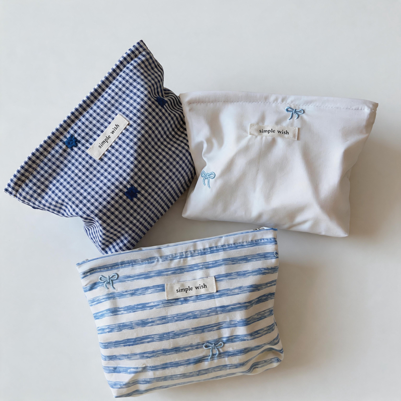 Lovely Bow Embroidery Striped Plaid Cotton Makeup Pouch