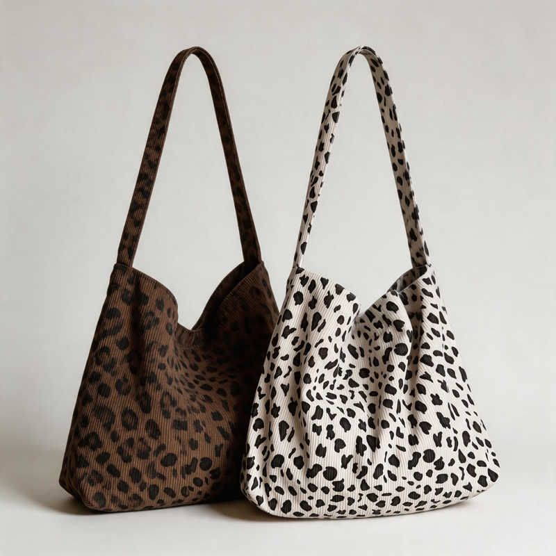 Vintage Leopard Print Corduroy Shoulder Tote Bag