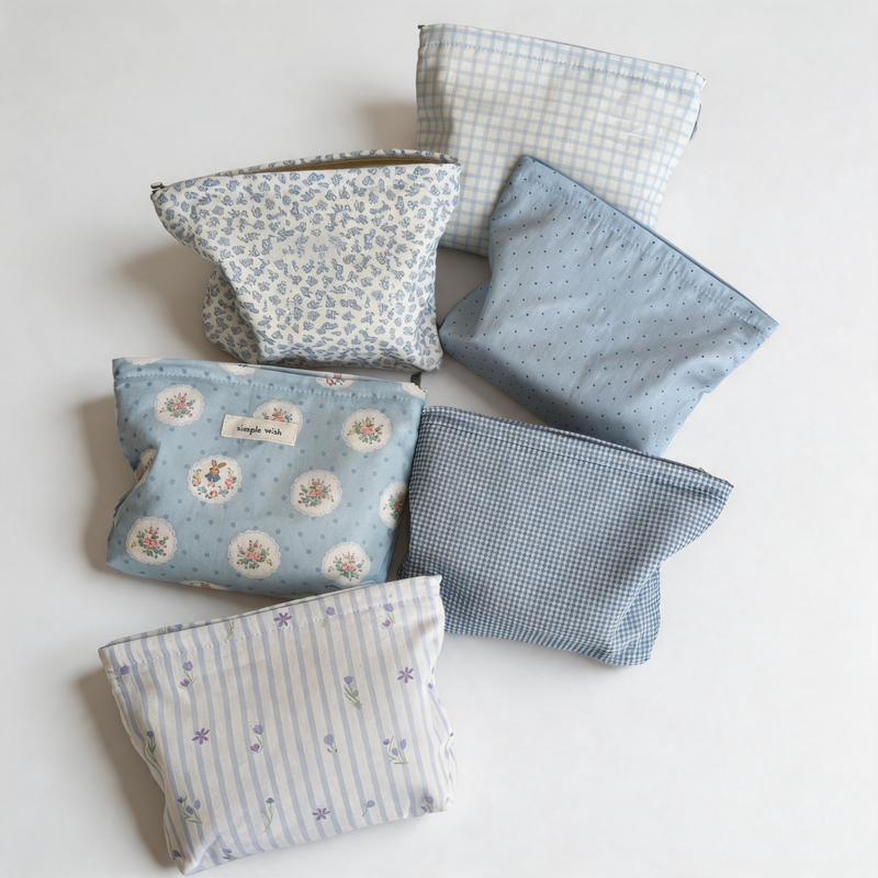 Ocean Blue Floral Printed Cotton Makeup Bag