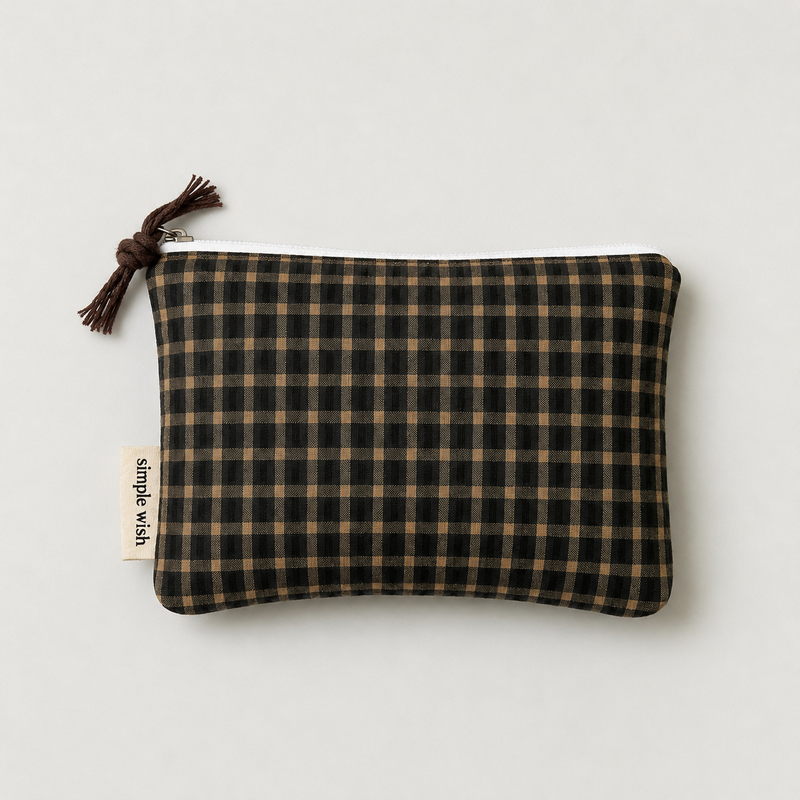 Vintage Dark Plaid & Stripe Cotton Mini Zipper Bag
