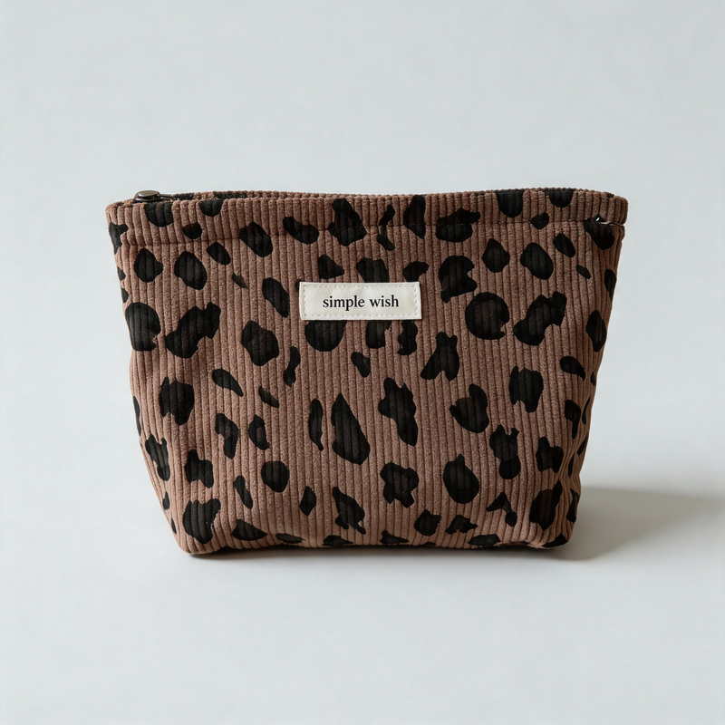 Vintage Leopard Print Corduroy Zipper Makeup Pouch