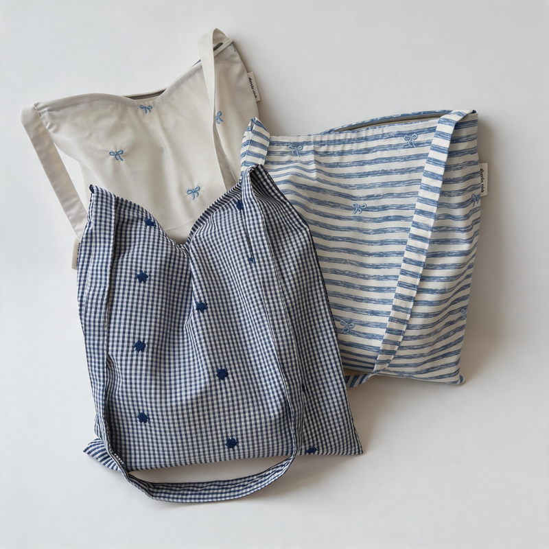 Preppy Bow Embroidery Striped Plaid Cotton Crossbody Bag
