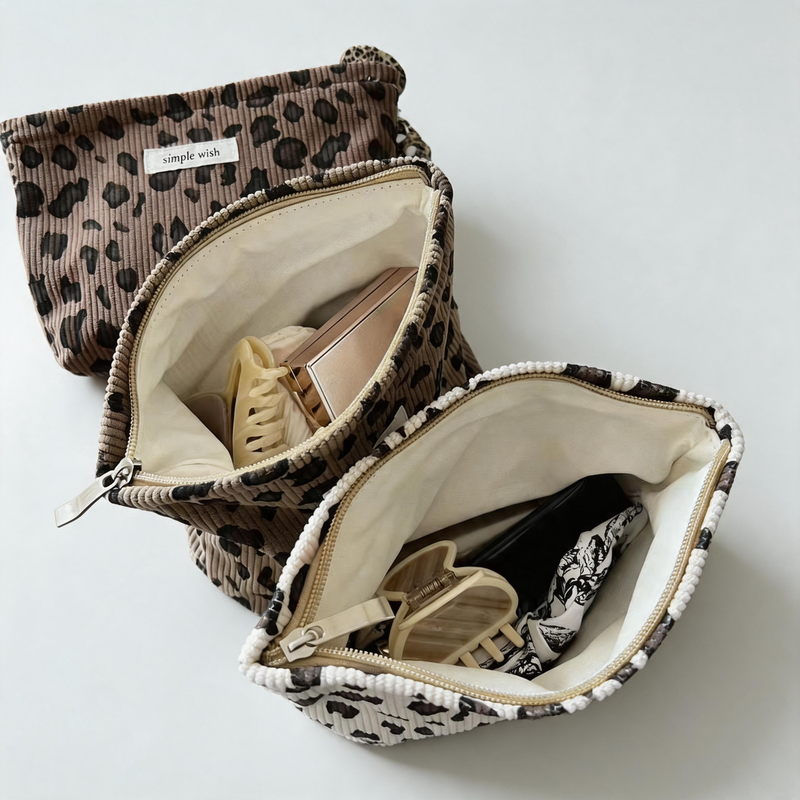 Vintage Leopard Print Corduroy Zipper Makeup Pouch