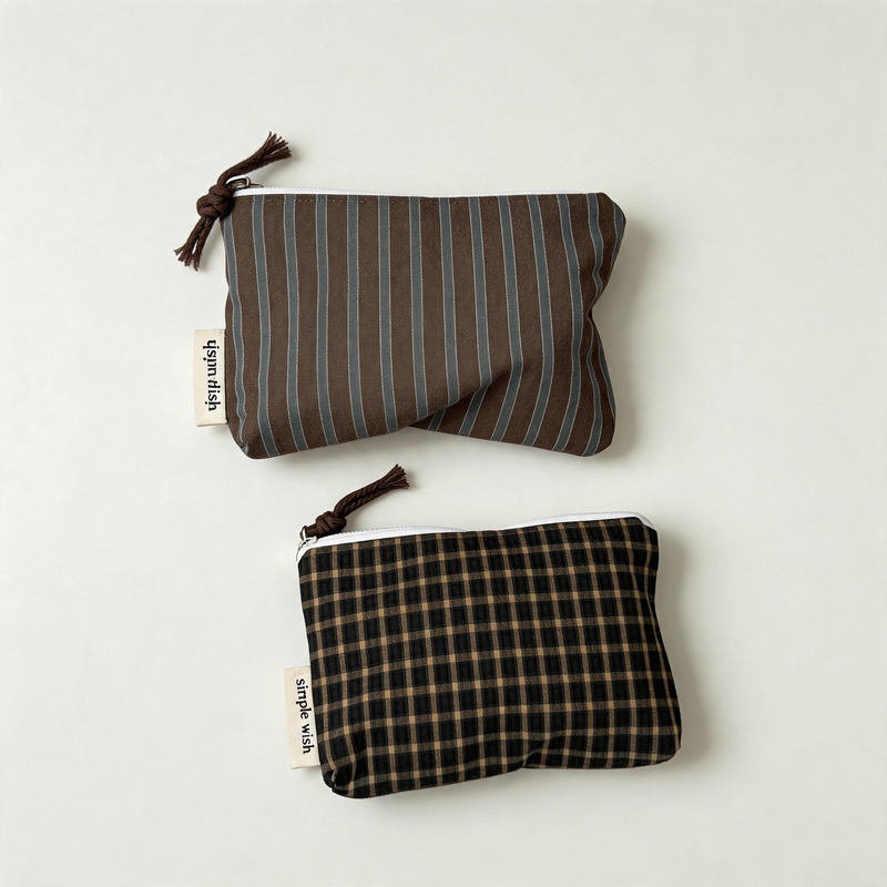 Vintage Dark Plaid & Stripe Cotton Mini Zipper Bag